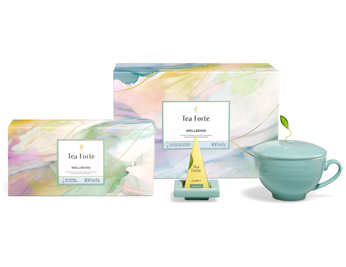 Set de regalo Wellbeing Tea Forté, las tres piezas desplegadas | Tea Forté México
