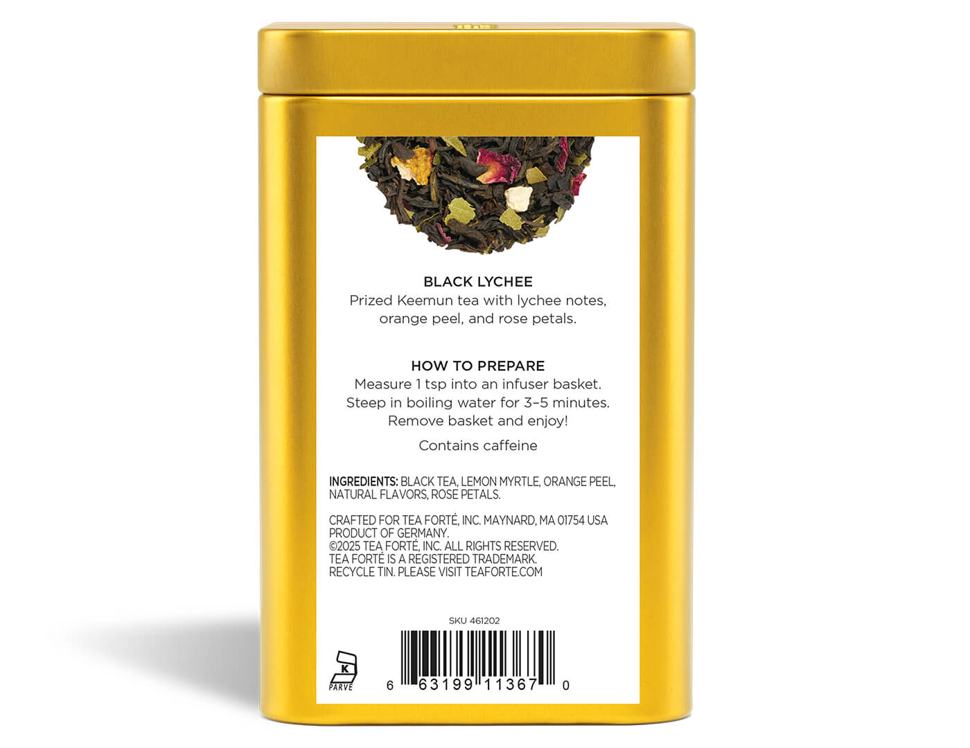 Black Lychee té negro, información de la lata, vista trasera | Tea Forté México