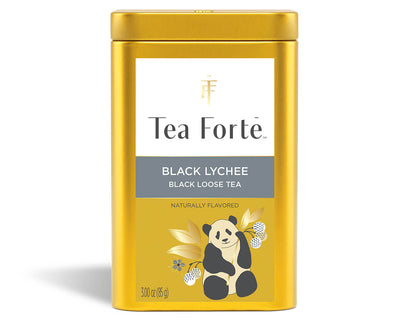 Black Lychee té negro en hoja suelta, lata de acero, vista frontal | Tea Forté México
