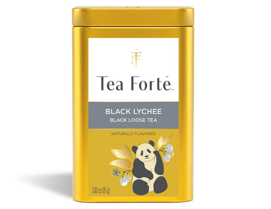 Black Lychee té negro en hoja suelta, lata de acero, vista frontal | Tea Forté México