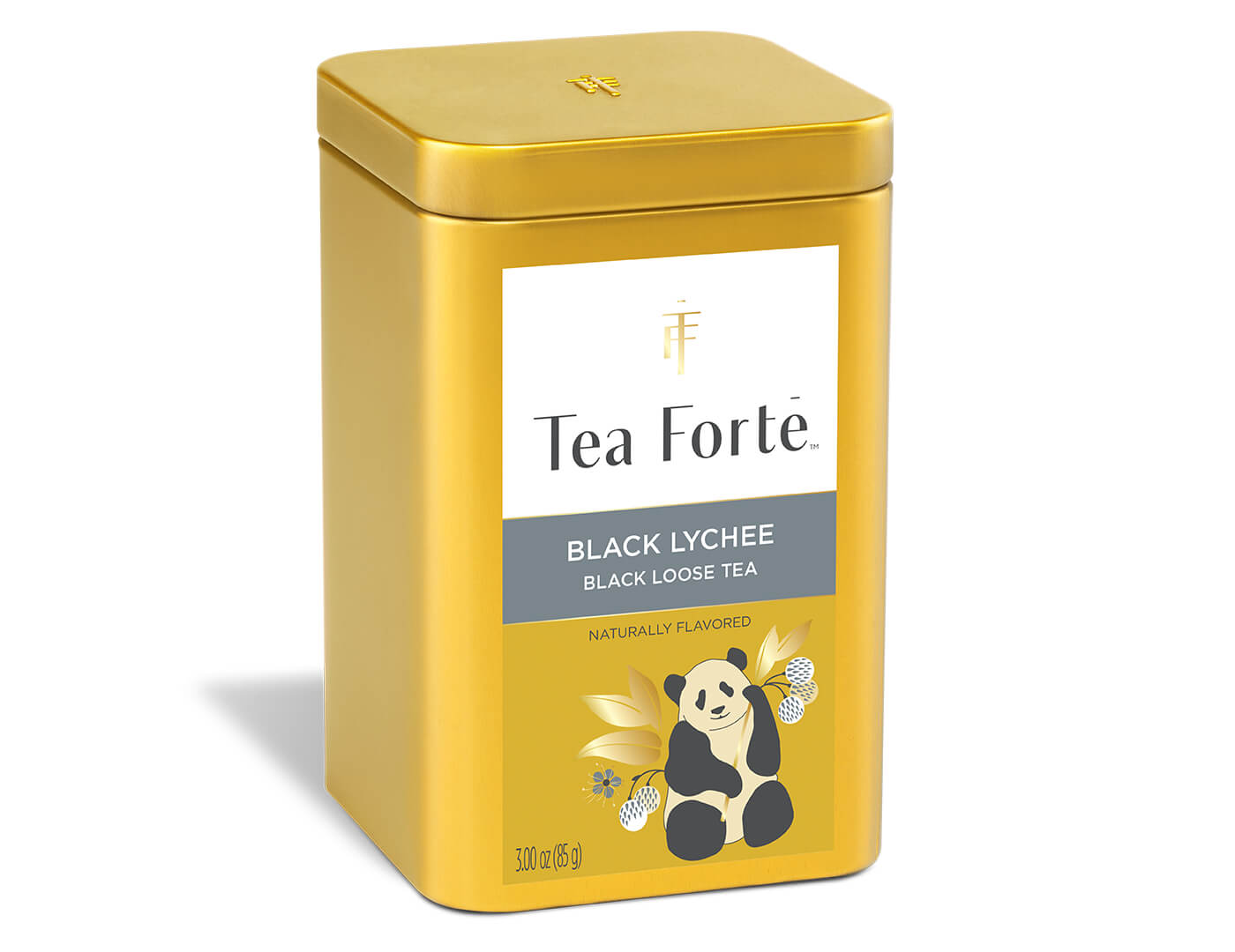 Black Lychee té negro, lata abierta mostrando las hojas sueltas | Tea Forté México