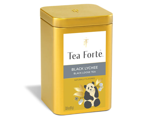 Black Lychee té negro, lata abierta mostrando las hojas sueltas | Tea Forté México