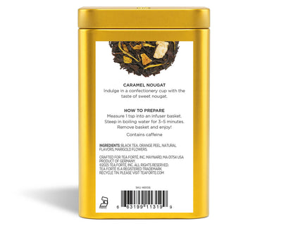 Caramel Nougat té negro, información de la lata, vista trasera | Tea Forté México