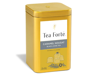 Caramel Nougat té negro, lata abierta mostrando las hojas sueltas | Tea Forté México