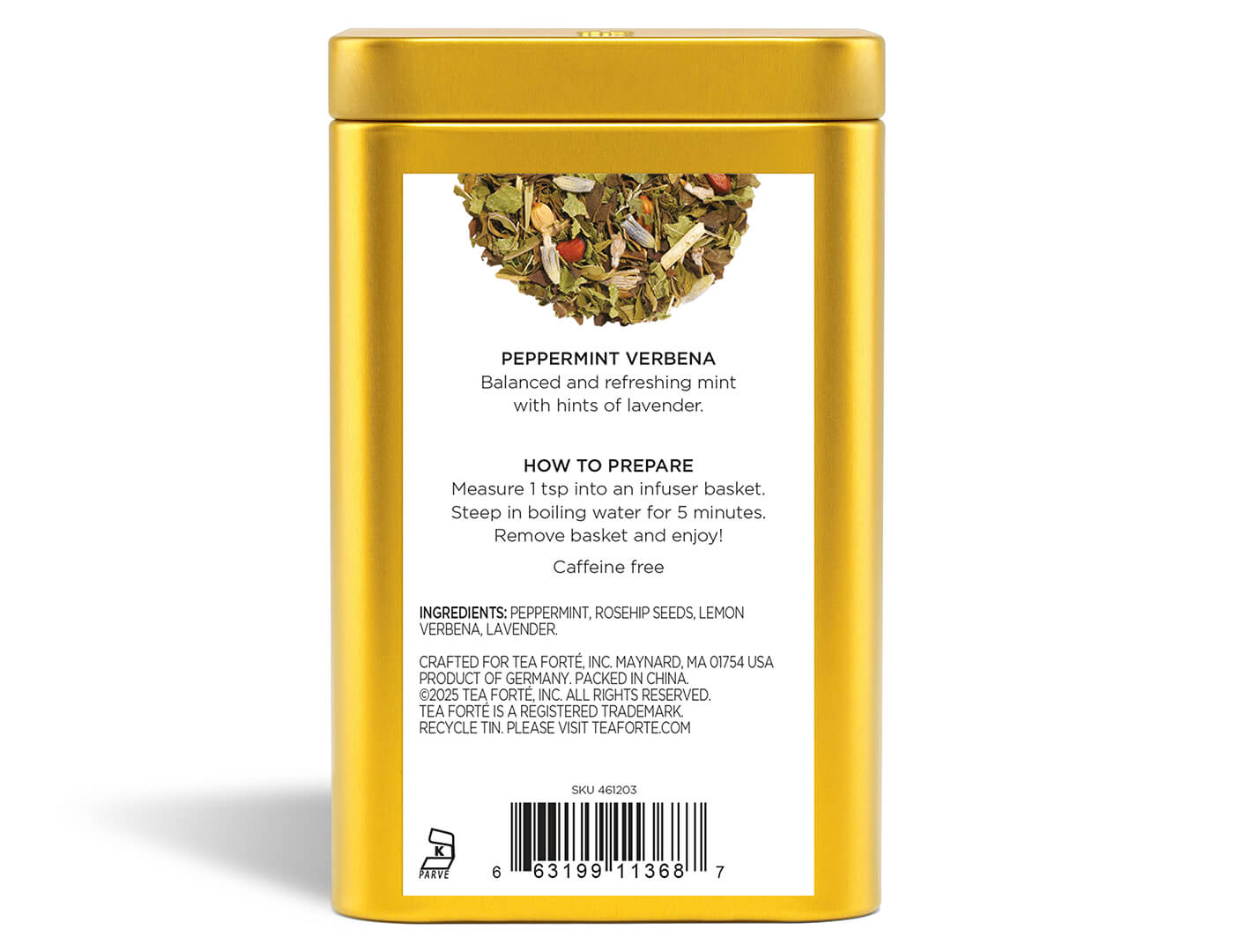 Peppermint Verbena tisana, información de la lata, vista trasera | Tea Forté México