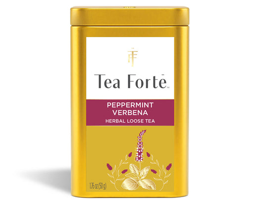 Peppermint Verbena tisana sin cafeína en hoja suelta, lata de acero, vista frontal | Tea Forté México