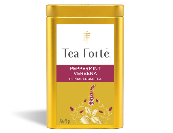 Peppermint Verbena tisana sin cafeína en hoja suelta, lata de acero, vista frontal | Tea Forté México