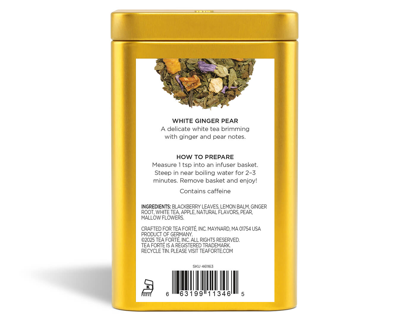 Lata de White Ginger Pear de Tea Forté, vista trasera con la etiqueta de 70 g | Tea Forté México