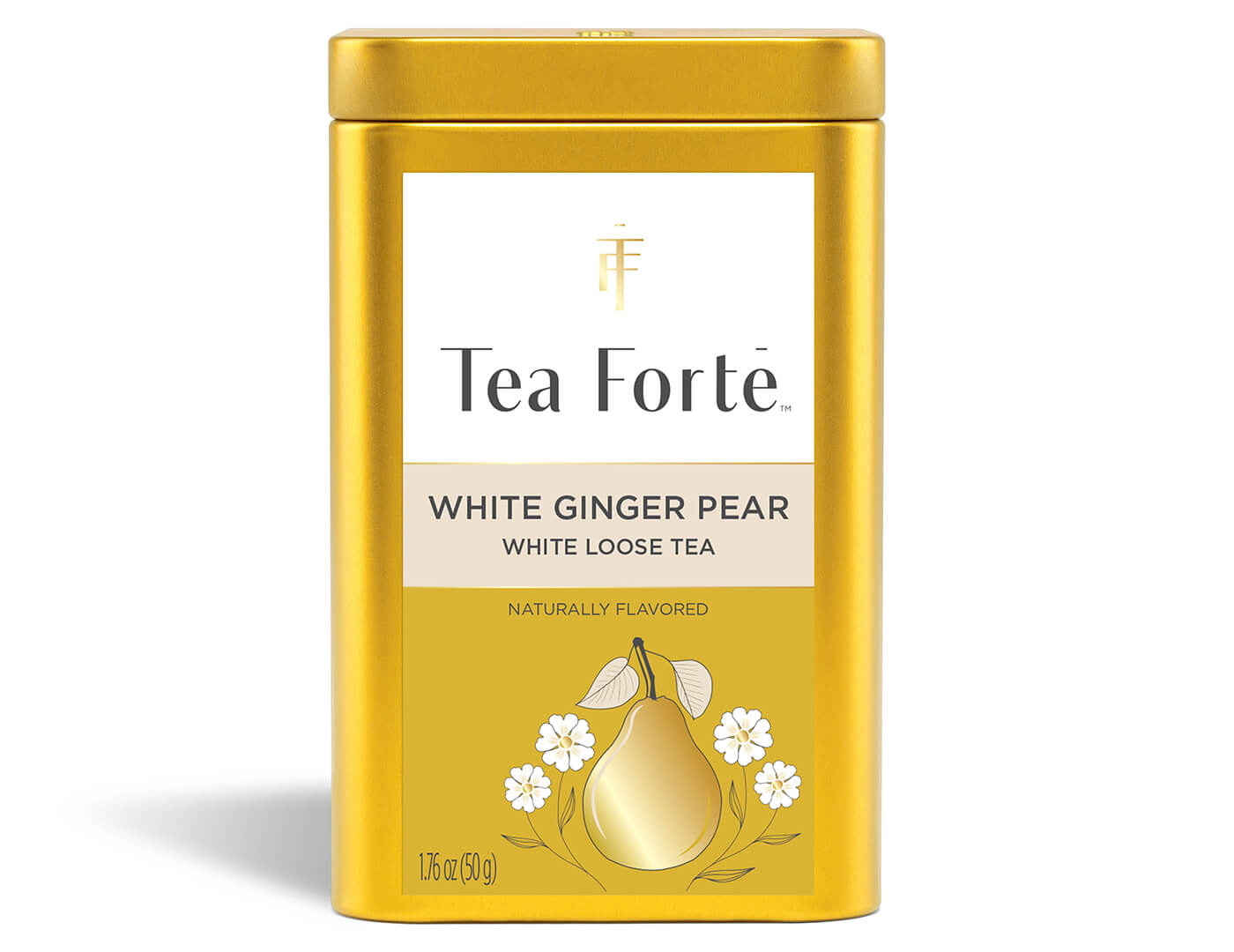 Lata de 70 g de té blanco White Ginger Pear de Tea Forté, vista frontal | Tea Forté México