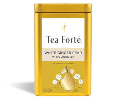Lata de 70 g de té blanco White Ginger Pear de Tea Forté, vista frontal | Tea Forté México