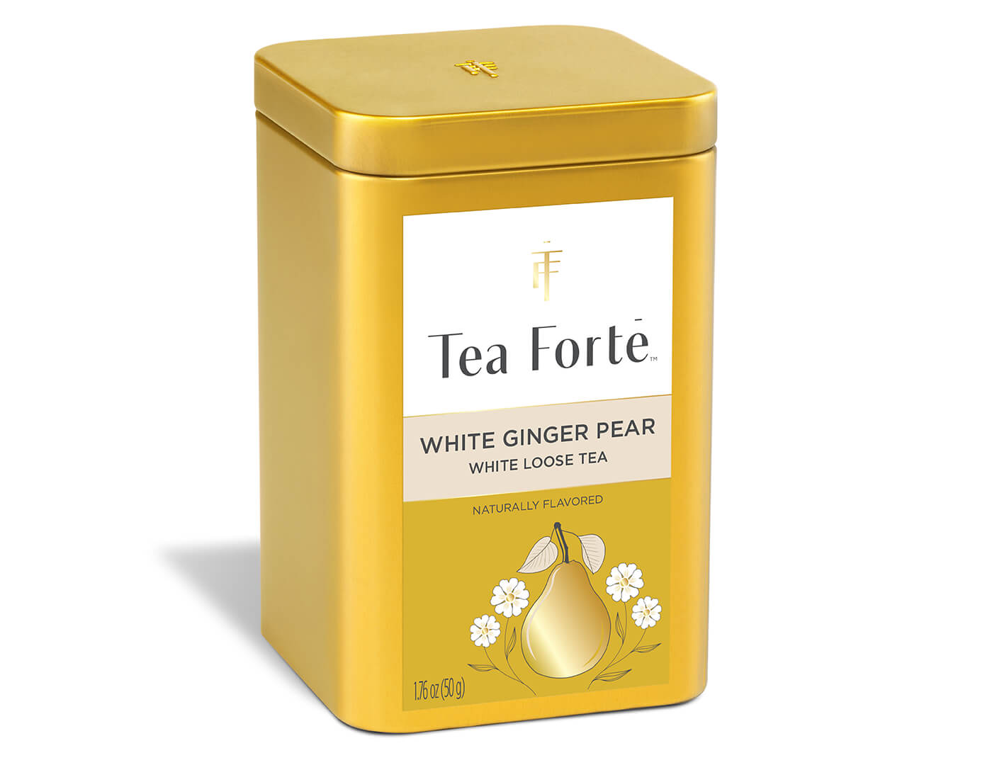 Lata de White Ginger Pear de Tea Forté abierta, mostrando la hoja entera | Tea Forté México