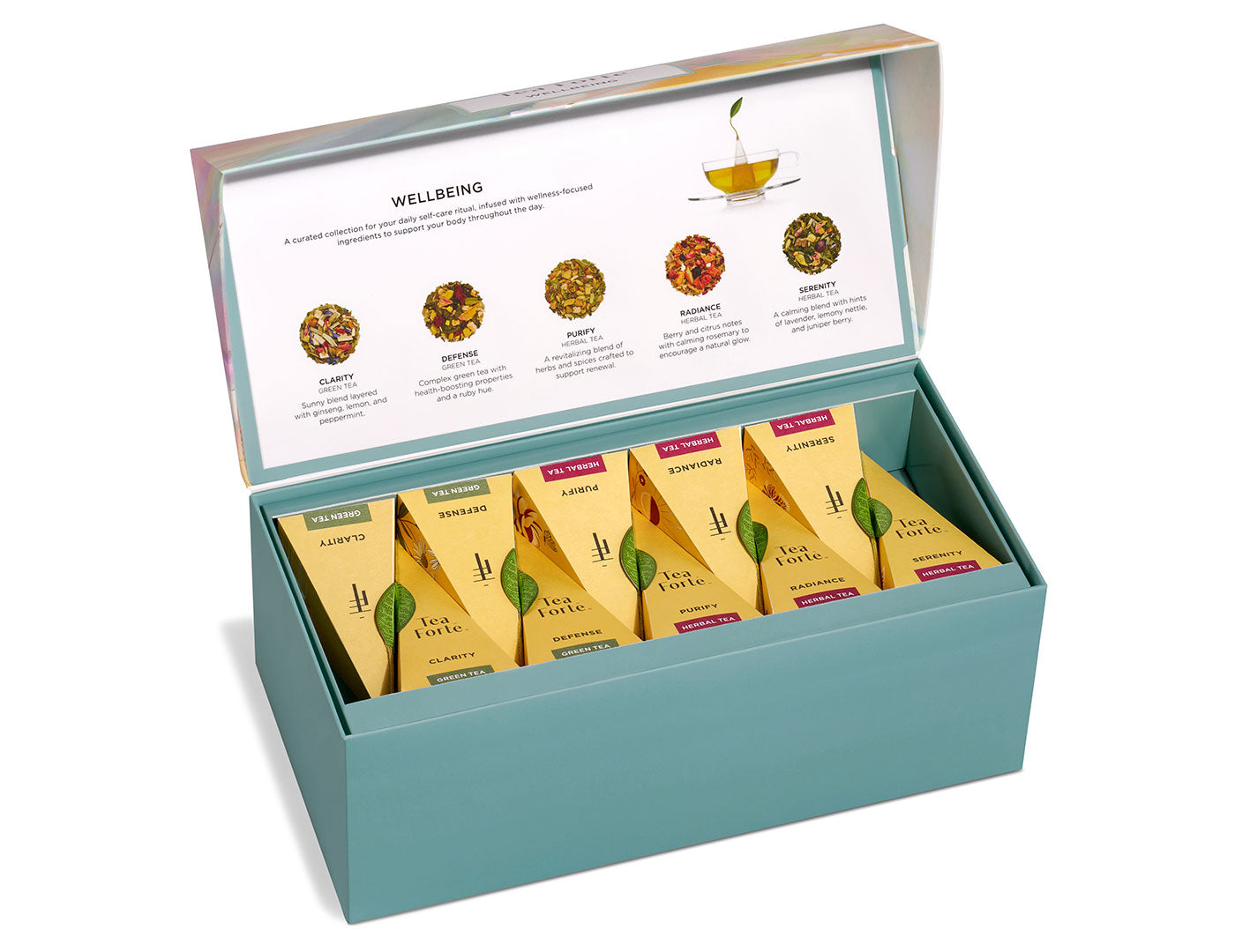 Wellbeing 20 Pirámides Tea Forté, caja abierta con el menú de degustación | Tea Forté México