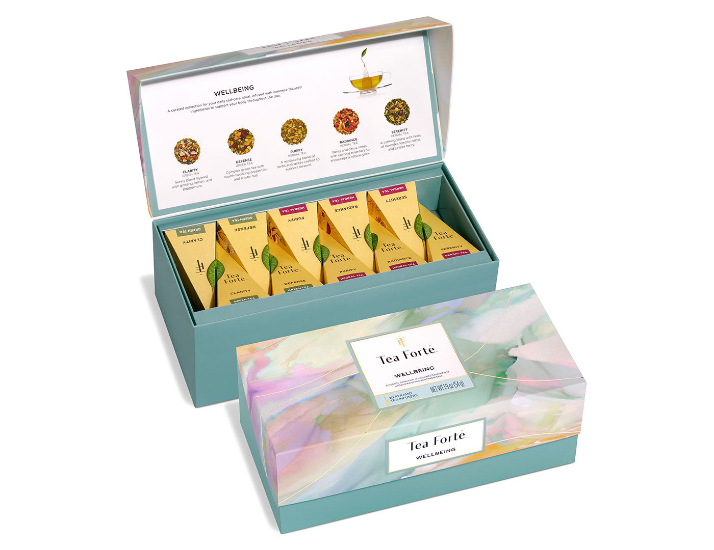 Wellbeing 20 Pirámides Tea Forté, caja de tés orgánicos abierta y cerrada | Tea Forté México