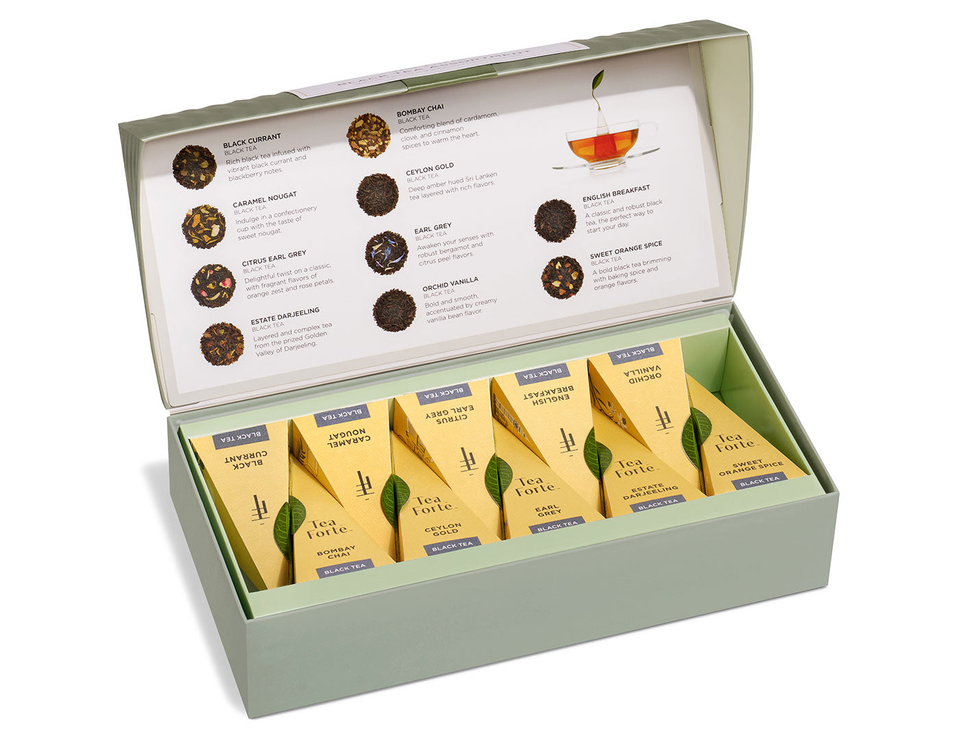 Surtido de Tés Negros Tea Forté, caja abierta con el menú de degustación y las pirámides | Tea Forté México