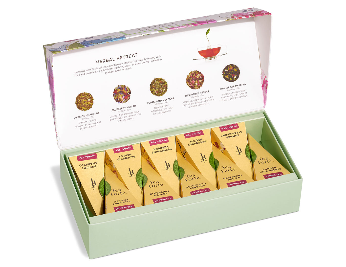 Herbal Retreat Tea Forté, caja abierta mostrando el menú de degustación y las pirámides | Tea Forté México