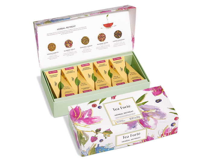 Herbal Retreat 10 Pirámides, caja de tisanas sin cafeína abierta y cerrada | Tea Forté México