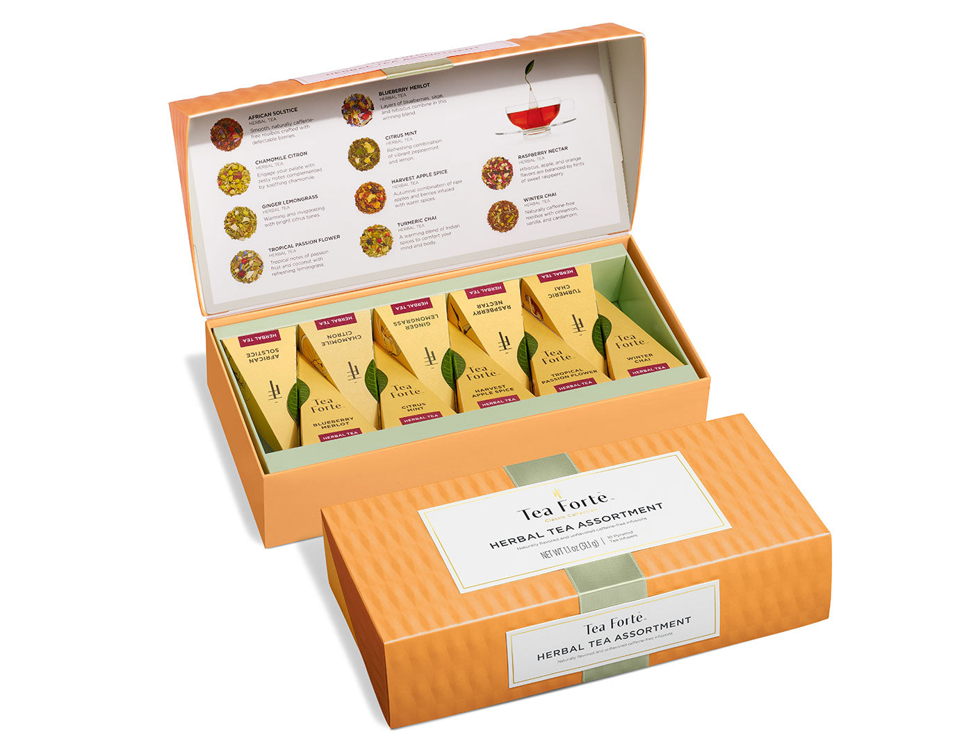Surtido de Tisanas 10 Pirámides Tea Forté, caja de infusiones sin cafeína abierta y cerrada | Tea Forté México