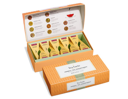 Surtido de Tisanas 10 Pirámides Tea Forté, caja de infusiones sin cafeína abierta y cerrada | Tea Forté México