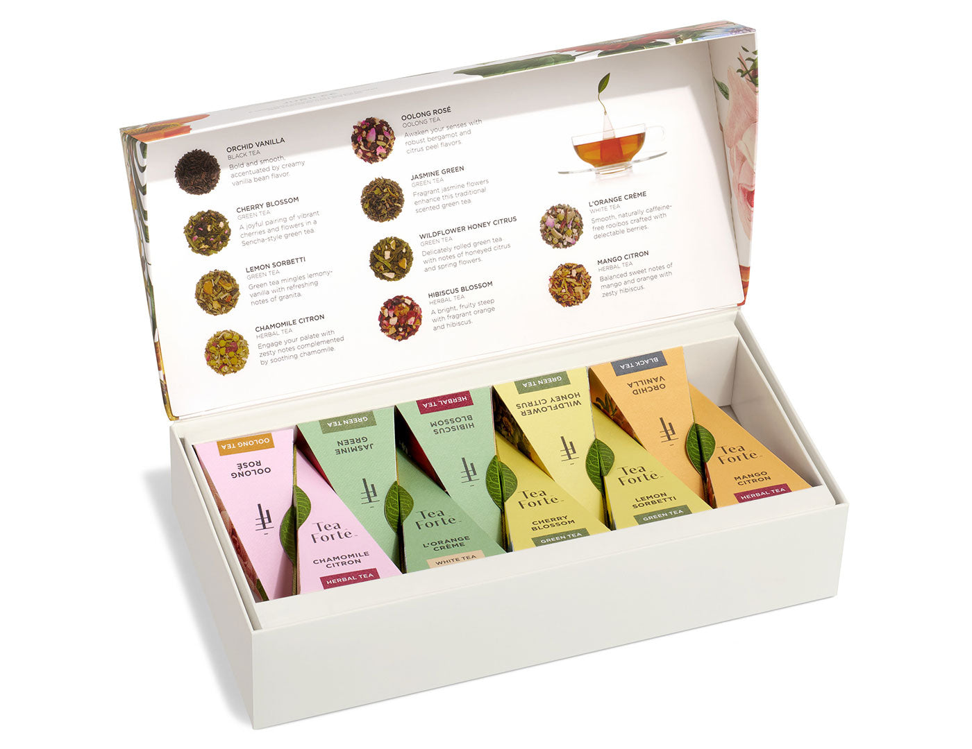 Jubilee Tea Forté, caja abierta con el menú de degustación y las pirámides | Tea Forté México