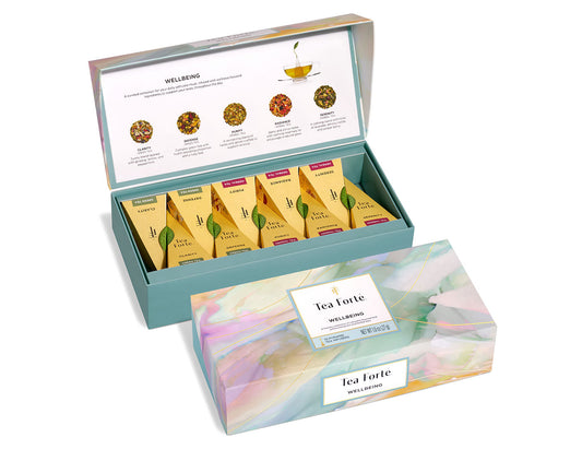 Wellbeing 10 Pirámides Tea Forté, caja de tés orgánicos abierta y cerrada | Tea Forté México