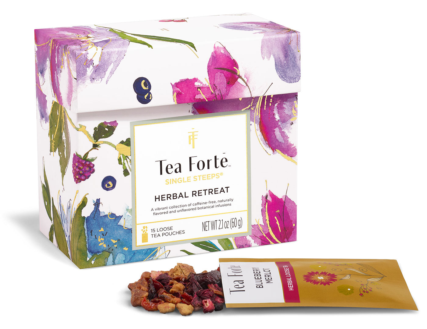Single Steeps® Herbal Retreat Tea Forté, caja con sobres de hoja suelta sin cafeína | Tea Forté México