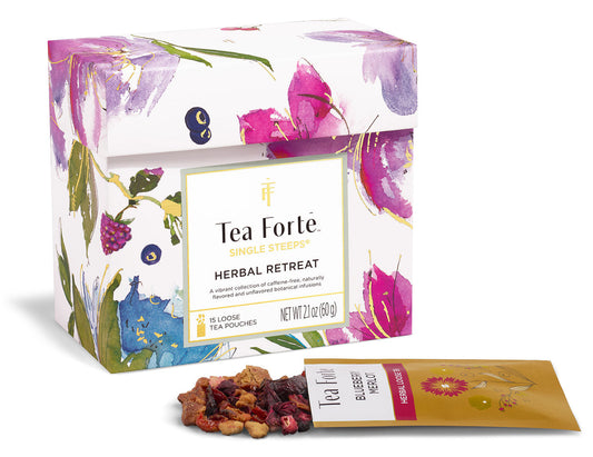 Single Steeps® Herbal Retreat Tea Forté, caja con sobres de hoja suelta sin cafeína | Tea Forté México