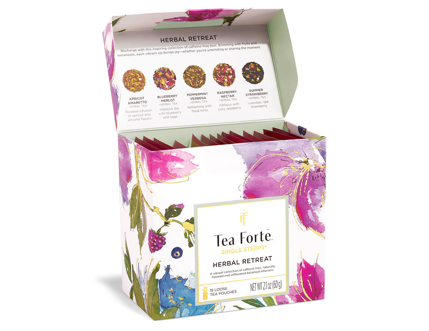 Single Steeps® Herbal Retreat Tea Forté, caja abierta con el menú de degustación | Tea Forté México