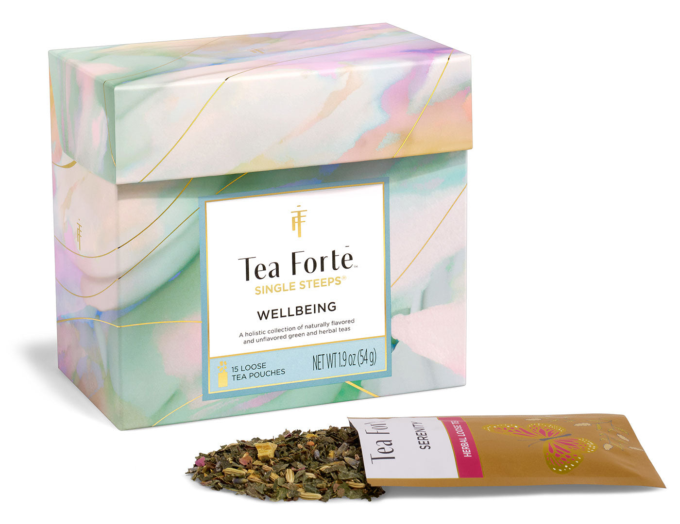 Single Steeps® Wellbeing Tea Forté, caja con sobres de hoja suelta orgánica | Tea Forté México