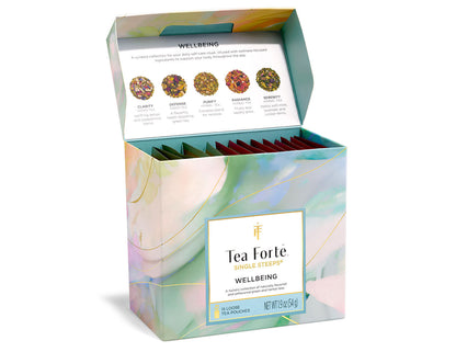 Single Steeps® Wellbeing Tea Forté, caja abierta con el menú de degustación | Tea Forté México