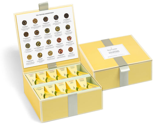 Tea Chest Surtido de Tés 40 Pirámides Tea Forté, cofre abierto y cerrado | Tea Forté México