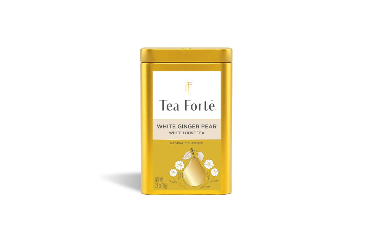 Lata de 70 g de té blanco White Ginger Pear de Tea Forté, vista frontal | Tea Forté México