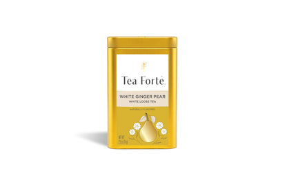 Lata de 70 g de té blanco White Ginger Pear de Tea Forté, vista frontal | Tea Forté México