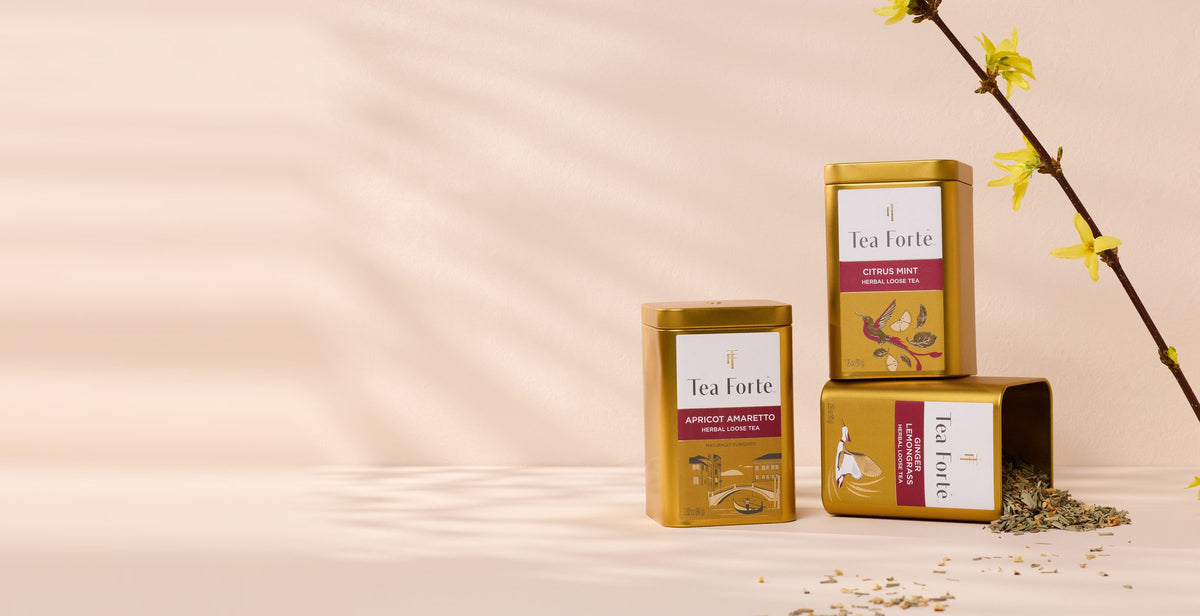 Latas de hoja suelta Tea Forté: Apricot Amaretto, Citrus Mint y Ginger Lemongrass