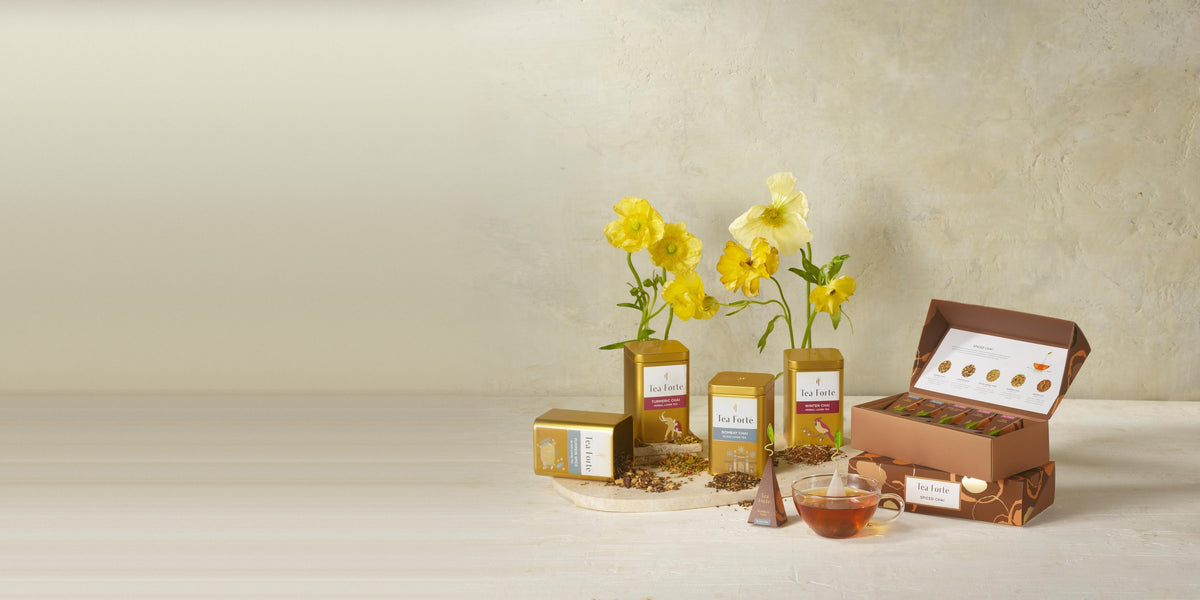 Colección Spiced Chai de Tea Forté: caja abierta con sus pirámides, latas de chai y una taza de té